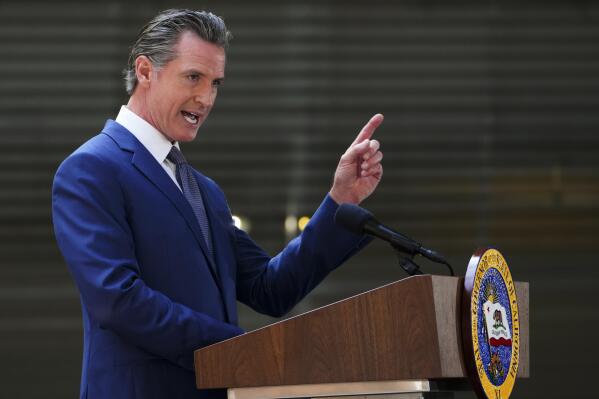 California Gov. Gavin Newsom speaks during a signing ceremony and joint media availability with Canada Prime Minister Justin Trudeau in Los Angeles, on Thursday, June 9, 2022. (Sean Kilpatrick/The Canadian Press via AP)