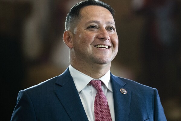 Rep. Tony Gonzales, R-Texas, is seen before the flag-draped casket bearing the remains of Hershel W. "Woody" Williams lies in honor in the U.S. Capitol, July 14, 2022, in Washington. (Tom Williams/Pool photo via AP, File)