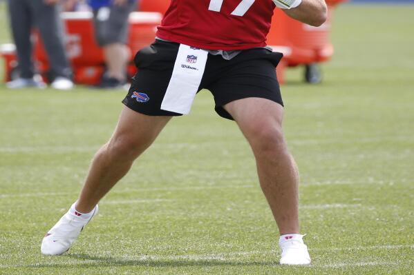Buffalo Bills quarterback Josh Allen (17) throws a pass during the NFL football team's mandatory minicamp in Orchard Park, N.Y., Wednesday, June 15, 2022. (AP Photo/Jeffrey T. Barnes)