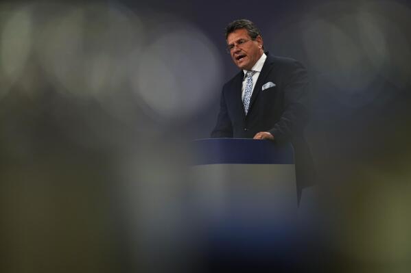 European Commissioner for Inter-institutional Relations and Foresight Maros Sefcovic speaks during a news conference on Brexit at the EU headquarters in Brussels, Wednesday, June 30, 2021. The European Union and the United Kingdom agreed Wednesday not to let a fight over the transport of chilled meats from Britain to Northern Ireland sputter out of control for the moment and further damage already fraught relations. (AP Photo/Francisco Seco, Pool)