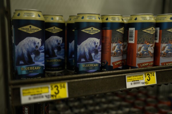 A can of beer with a polar bear on its label sits on a shelf, Saturday, Aug. 3, 2024, at a market in Churchill, Manitoba. (AP Photo/Joshua A. Bickel)