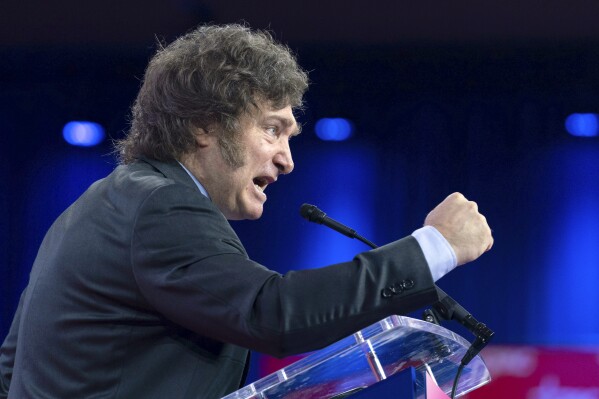 Argentina's President Javier Milei speaks during the Conservative Political Action Conference, CPAC 2024, at the National Harbor, in Oxon Hill, Md., Saturday, Feb. 24, 2024. (AP Photo/Jose Luis Magana)