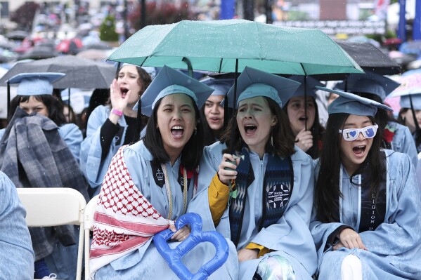 Students will respond to Clareshipman, president of Columbia University, speaking on Wednesday, May 21, 2025 at the Columbia University launch ceremony at Columbia's main campus in Manhattan in New York. (Pool photo via Charly Triballeau/AP)