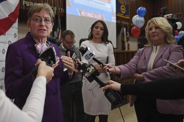 Rep. Marcy Kaptur, D-Ohio, speaks to reporters on election night, Tuesday, Nov. 8, 2022, in Toledo, Ohio. (AP Photo/David Dermer)