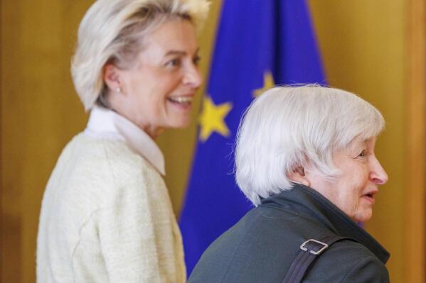 US Treasury Secretary Janet Yellen, right, is welcomed by President of the EU Commission Ursula von der Leyen in Brussels, Tuesday, May 17, 2022. Secretary Yellen earlier today addressed the Brussels Economic Forum about the way forward for the global economy in the wake of Russia's brutal war against Ukraine, and discussed the unmet challenges that would benefit from multilateral cooperation in the years ahead. (AP Photo/Olivier Matthys)
