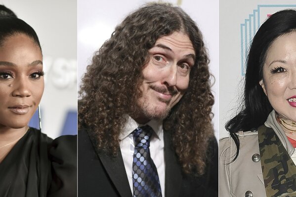 This combination of photos shows, from left, Tiffany Haddish, Weird Al Yankovic and Margaret Cho, who will be participating in the annual Lucille Ball Comedy Festival, presented online by the National Comedy Center in Jamestown, New York, starting Friday. (AP Photo)