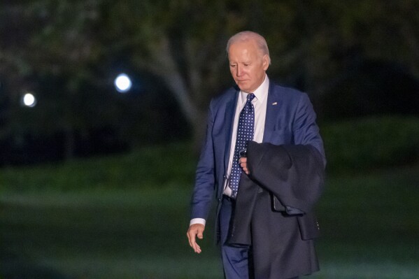 President Joe Biden walks from Marine One upon arrival on the South Lawn of the White House, Wednesday, Nov. 1, 2023, in Washington. Biden is returning from Minnesota. (AP Photo/Alex Brandon)
