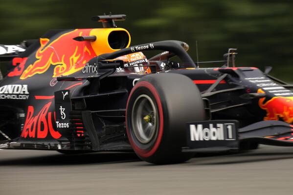 Red Bull driver Max Verstappen of the Netherlands steers his car during the first practice session prior to the Formula One Grand Prix at the Spa-Francorchamps racetrack in Spa, Belgium, Friday, Aug. 27, 2021. The Belgian Formula One Grand Prix will take place on Sunday. (AP Photo/Francisco Seco)
