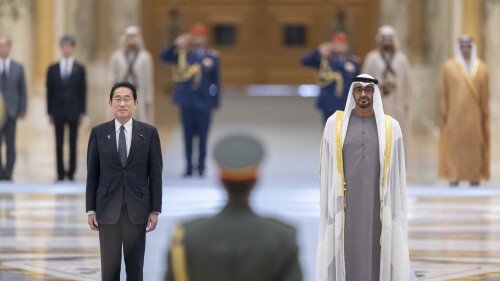 In this photograph released by the United Arab Emirates' Presidential Court, Japanese Prime Minister Fumio Kishida, left, and Emirati President Sheikh Mohammed bin Zayed Al Nahyan attend a reception for the Japanese leader at Qasr Al Watan in Abu Dhabi, United Arab Emirates, Monday, July 17, 2023. The Japanese prime minister visited the United Arab Emirates on Monday as part of a swing through the Arab Gulf states focused on energy and commerce. (Abdulla Al Neyadi/Emirati Presidential Court, via AP)