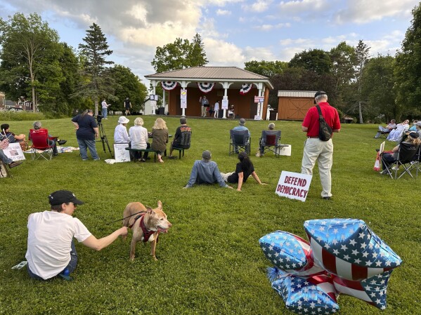 Residents of Lewis County, a traditional Republican stronghold, gather for a "No Kings" rally in Lowville, New York, on Saturday, June 14. (AP Photo/Cara Anna)