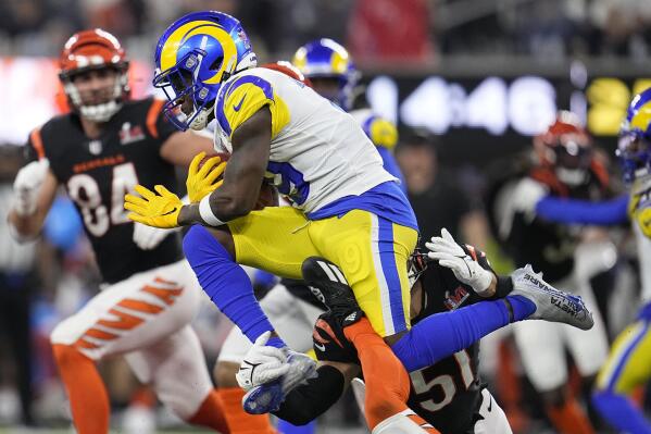 Los Angeles Rams wide receiver Brandon Powell carries the ball against the Cincinnati Bengals during the second half of the NFL Super Bowl 56 football game Sunday, Feb. 13, 2022, in Inglewood, Calif. (AP Photo/Marcio Jose Sanchez)