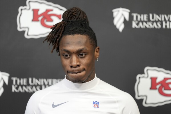 Kansas City Chiefs wide receiver Xavier Worthy addresses the media before NFL football practice, Thursday, Jan. 30, 2025, in Kansas City, Mo. (AP Photo/Charlie Riedel, File)
