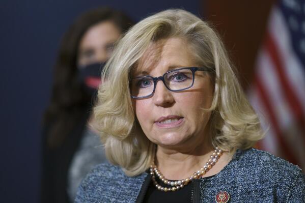 FILE - In this April 20, 2021, file photo U.S.Rep. Liz Cheney, R-Wyo., the House Republican Conference chair, speaks with reporters on Capitol Hill in Washington. With Republicans in Washington turning up the heat on Cheney, the defiant third-term congresswoman faces mixed reviews at home. So far, Wyoming's governor and congressional delegation have opted against sticking their necks out for Cheney, who faces ouster from House GOP leadership over her opposition to former President Donald Trump. (AP Photo/J. Scott Applewhite, File)