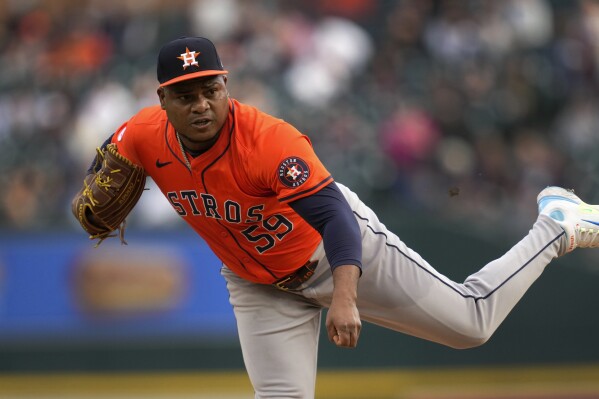 Houston Astros pitcher Framber Valdez throws against the Detroit Tigers in the first inning of a baseball game, Friday, May 10, 2024, in Detroit. (AP Photo/Paul Sancya)