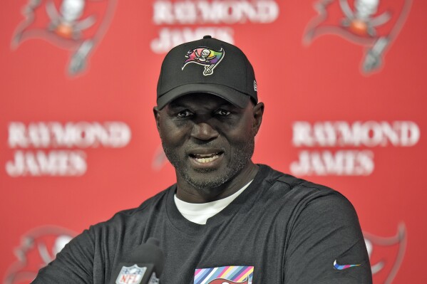 Tampa Bay Buccaneers head coach Todd Bowles answers a question at a news conference after an NFL football game against the Atlanta Falcons Sunday, Oct. 22, 2023, in Tampa, Fla. (AP Photo/Chris O'Meara)