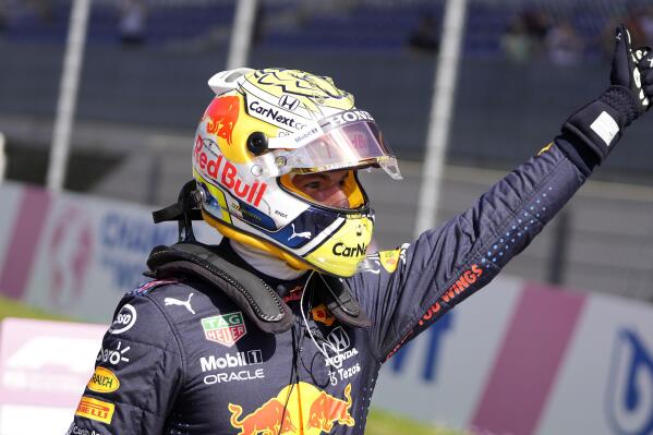 Red Bull driver Max Verstappen of the Netherlands celebrates after winning the qualifying at the Red Bull Ring racetrack in Spielberg, Austria, Saturday, June 26, 2021. The Styrian Formula One Grand Prix will be held on Sunday, June 27, 2021. (AP Photo/Darko Vojinovic, Pool)