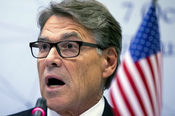 In this Oct. 7, 2019 photo, Energy Secretary Rick Perry speaks during a news conference following the forum Partnership for Transatlantic Energy Cooperation (P-TEC) in the Radisson Blu Hotel Lietuva, in Vilnius, Lithuania. Perry is being called to testify in the House impeachment inquiry. Perry, the first member of President Donald Trump’s Cabinet who has asked to appear before House investigators, is scheduled for Wednesday, according an official working on the impeachment inquiry but unauthorized to discuss it publicly. It’s unclear if Perry would show up for the closed-door session.(AP Photo/Mindaugas Kulbis)