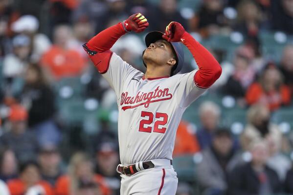 Washington Nationals' Juan Soto celebrates after hitting a home run against the San Francisco Giants during the first inning of a baseball game in San Francisco, Friday, April 29, 2022. (AP Photo/Jeff Chiu)
