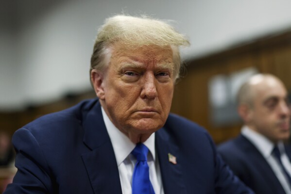 Republican presidential candidate and former President Donald Trump sits in the courtroom at his criminal trial at Manhattan state court in New York, Monday, April 22, 2024. (Brendan McDermid/Pool Photo via AP)