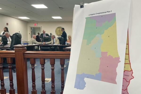 FILE - A map of a GOP proposal to redraw Alabama's congressional districts is displayed at the Alabama Statehouse in Montgomery, Ala., Tuesday, July 18, 2023. Democrats got a potential boost for the 2024 congressional elections as courts in Alabama and Florida ruled in the summer of 2023 that Republican-led legislatures had unfairly diluted the voting power of Black residents. (AP Photo/Kim Chandler, File)