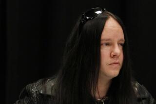 FILE - Slipknot band member Joey Jordison participates in a news conference about the death of bassist Paul Gray on May 25, 2010, in Des Moines, Iowa. Jordison, the founding drummer of the band Slipknot, has died at age 46. Jordison's family says he died peacefully in his sleep Monday, July 26, 2021. (AP Photo/Charlie Neibergall, File)