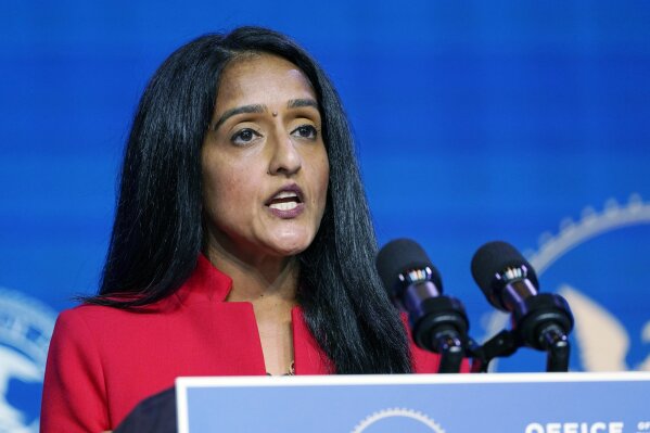 FILE - In this Jan. 7, 2021 file photo, Associate Attorney General nominee Vanita Gupta speaks during an event with President-elect Joe Biden and Vice President-elect Kamala Harris at The Queen the...