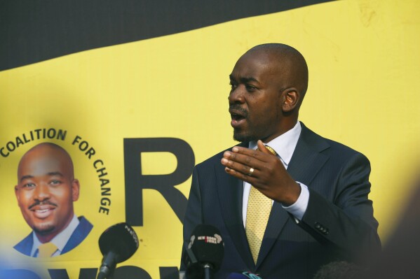 FILE - Zimbabwe's main opposition leader Nelson Chamisa addresses a press conference in Harare, on Aug. 27, 2023. Zimbabwe’s main opposition party continued its boycott of Parliament on Thursday Oct. 12, 2023 in a protest against the contentious removal of 15 of its lawmakers. (AP Photo/Tsvangirayi Mukwazhi, File)