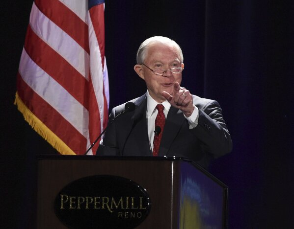 
              U.S. Attorney General Jefferson Sessions talks about immigration at the NASRO School Safety Conference at the Peppermill Resort on Monday, June 25, 2018, in Reno, Nev. (Andy Barron /The Reno Gazette-Journal via AP)
            