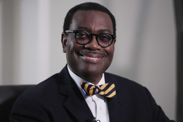 FILE - Akinwumi Adesina, President of the African Development Bank, smiles during an interview with ĢӰԺ in Lagos Nigeria, on March. 5, 2024. The African Development Bank said Thursday July 18, 2024 it had approved a $1 billion loan to South Africa's state-owned rail and ports company, Transnet. (ĢӰԺ Photo/Sunday Alamba, File)