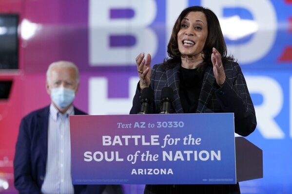 Democratic vice presidential candidate Sen. Kamala Harris, D-Calif., speaks at Carpenters Local Union 1912 in Phoenix, Thursday, Oct. 8, 2020, to kick off a small business bus tour. (AP Photo/Carolyn Kaster)