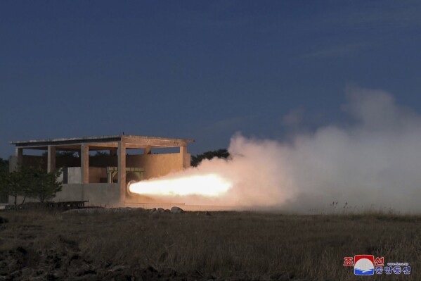 This undated photo provided by the North Korean government shows the testing of new solid-fuel engines designed for intermediate-range ballistic missiles in North Korea. Korean Central News Agency said the country’s military scientists tested the first-stage and second-stage missile engines on Saturday, Nov. 11 and Tuesday, Nov. 14, 2023. Independent journalists were not given access to cover the event depicted in this image distributed by the North Korean government. The content of this image is as provided and cannot be independently verified. Korean language watermark on image as provided by source reads: 