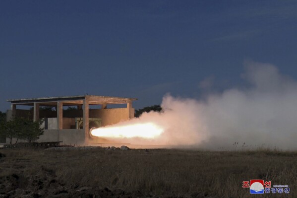 This undated photo provided by the North Korean government shows the testing of new solid-fuel engines designed for intermediate-range ballistic missiles in North Korea. Korean Central News Agency said the country’s military scientists tested the first-stage and second-stage missile engines on Saturday, Nov. 11 and Tuesday, Nov. 14, 2023. Independent journalists were not given access to cover the event depicted in this image distributed by the North Korean government. The content of this image is as provided and cannot be independently verified. Korean language watermark on image as provided by source reads: "KCNA" which is the abbreviation for Korean Central News Agency. (Korean Central News Agency/Korea News Service via AP)