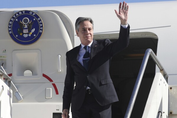 U.S. Secretary of State Antony Blinken arrives at Nene Tereza International Airport in Tirana, Albania, Thursday, Feb. 15, 2024. Blinken visits Albania to reaffirm Washington's relations with a key partner in the Western Balkan region and an ally in supporting Ukraine's sovereignty and territorial integrity. (AP Photo/Armando Babani, Pool)