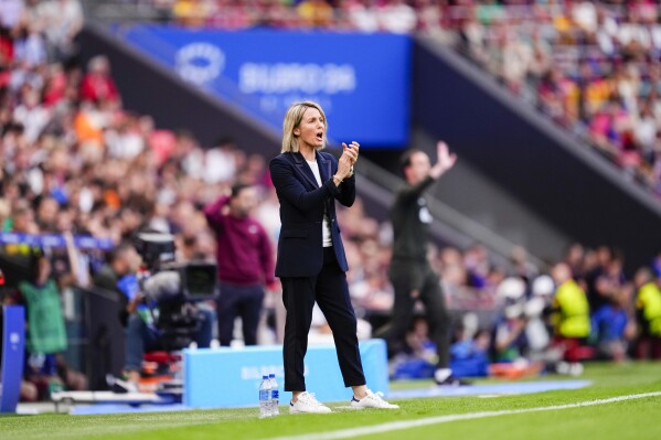 Lyon coach Sonia Bompastor reacts during the women's Champions League final soccer match between FC Barcelona and Olympique Lyonnais at the San Mames stadium in Bilbao, Spain, Saturday, May 25, 2024. (AP Photo/Jose Breton)