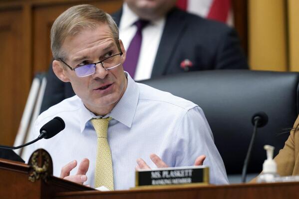 FILE - Chairman Jim Jordan, R-Ohio, left, speaks during a House Judiciary subcommittee hearing on Capitol Hill, Feb. 9, 2023, in Washington. (AP Photo/Carolyn Kaster, File)