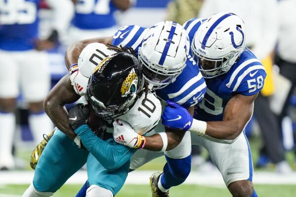 Indianapolis Colts linebacker Bobby Okereke (58) lines up on