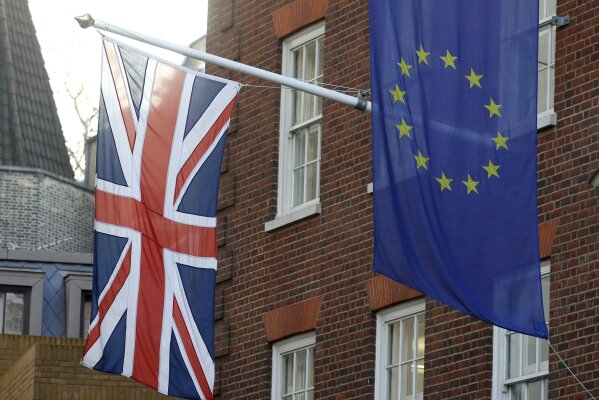 The European Union flag, right, and Britain's Union flag hang above the European Parliament Liaison Office in London, Tuesday, Jan. 21, 2020. Britain will leave the European Union on Jan. 31.(AP Photo/Kirsty Wigglesworth)