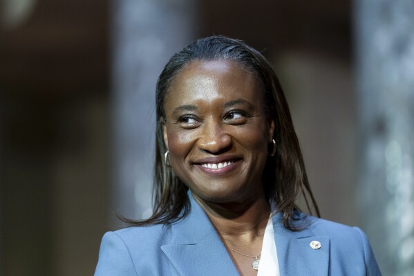 FILE - Laphonza Butler, D-Calif., is seen during a re-enactment of her swearing-in ceremony to the Senate to succeed the late Sen. Dianne Feinstein on Tuesday, Oct. 3, 2023, on Capitol Hill in Washington. The crowded, wide-open race to succeed the late U.S. Sen. Dianne Feinstein has hit a suspenseful turn as candidates wait for the newly appointed senator to decide if she will seek reelection after being picked to complete the remainder of Feinstein's term. Butler, a Democratic insider and former labor leader, had never held public office before joining the Senate. (AP Photo/Stephanie Scarbrough, File)