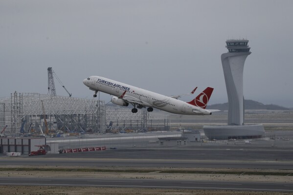 A Turkish Airlines plane takes off from Istanbul Airport near the Black Sea shores, in Istanbul, on April 6, 2019. (AP Photo/Lefteris Pitarakis)