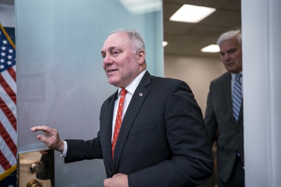 FILE - House Majority Leader Steve Scalise, R-La., joined at right by Majority Whip Tom Emmer, R-Minn., arrives for a news conference at the Capitol in Washington, Tuesday, June 6, 2023. Scalise has been diagnosed with blood cancer.(AP Photo/J. Scott Applewhite)