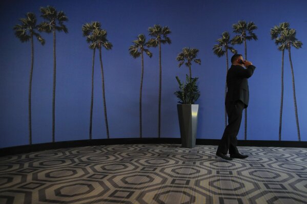 
              FILE - In this May 4, 2018, file photo a man talks on the phone in a hallway adorned with the palm tree-printed wallpaper at a hotel near the Los Angeles International Airport in Los...