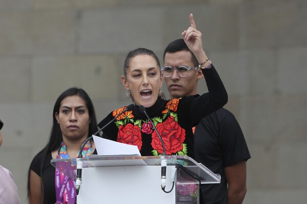 Former Mayor Claudia Sheinbaum speaks during a closing campaign rally for her presidential candidate bid to represent the ruling MORENA party, in Mexico City, Saturday, Aug. 26, 2023. Pre-candidates are holding campaign closers in primary contests to see who will compete in Mexico's 2024 general election. (AP Photo/Ginnette Riquelme)