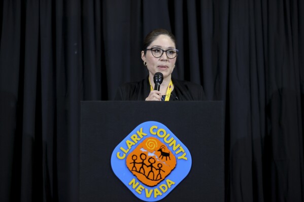 Clark County Registrar of Voters Lorena Portillo speaks during a press conference Wednesday, Nov. 6, 2024, in Las Vegas. (AP Photo/Ian Maule)