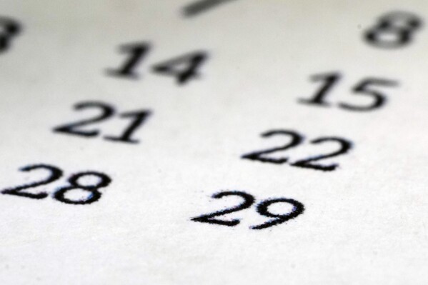 The 29th of February is shown on a calendar during a leap year, in Glenside, Pa., Saturday, Feb. 24, 2024. (AP Photo/Matt Rourke)