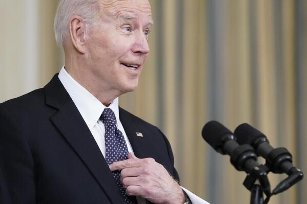 President Joe Biden speaks about Russian President Vladimir Putin and Russia's invasion of Ukraine after unveiling his proposed budget for fiscal year 2023 in the State Dining Room of the White House, Monday, March 28, 2022, in Washington. (AP Photo/Patrick Semansky)