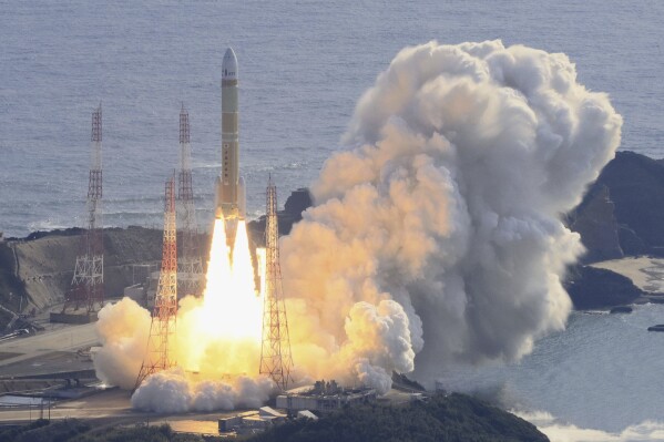 An H3 rocket lifts off at Tanegashima Space Center in Kagoshima, southern Japan Saturday, Feb. 17, 2024. (Kyodo News via AP)