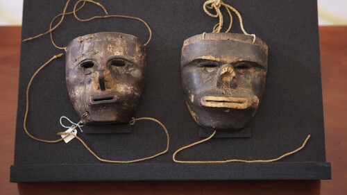 Two masks of the indigenous community of the Kogi from the Sierra Nevada de Santa Marta in Colombia are displayed at German President residence Bellevue Palace in Berlin, Germany, Friday, June 16, 2023. German President Frank-Walter Steinmeier will return the masks to Colombian President Gustavo Petro. (AP Photo/Markus Schreiber)