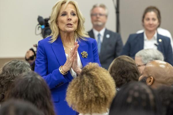 First lady Jill Biden thanks the medical staff at the end of her visit to the Louisiana Cancer Research Center, Friday, March 10, 2023 in New Orleans. First lady Jill Biden visited a medical center in New Orleans on Friday to stress the importance of cancer research, a priority in the budget proposal President Joe Biden sent to Congress.(Chris Granger/The Times-Picayune/The New Orleans Advocate via AP)