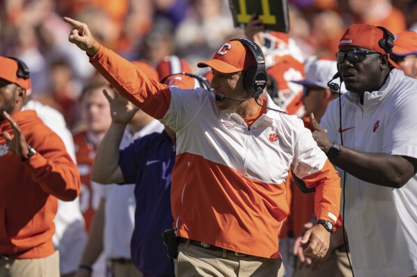 Clemson head coach Dabo Swinney looks on during the second half of an NCAA college football game against Notre Dame Saturday, Nov. 4, 2023, in Clemson, S.C. (AP Photo/Jacob Kupferman)