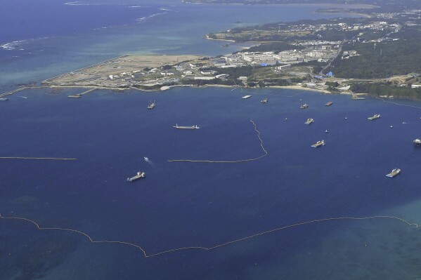 This shows a construction work off Henoko in Nago, Okinawa prefecture, southern Japan on May 2, 2023, where the Japanese government plans to relocate a U.S. air base from one area of the prefecture to another. Japan’s Supreme Court on Monday, Sept. 4, 2023 dismissed Okinawa's rejection of a central government plan to build U.S. Marine Corps runways on the island and ordered the prefecture to approve it despite protests by locals who oppose the American troops' presence. (Kyodo News via AP)